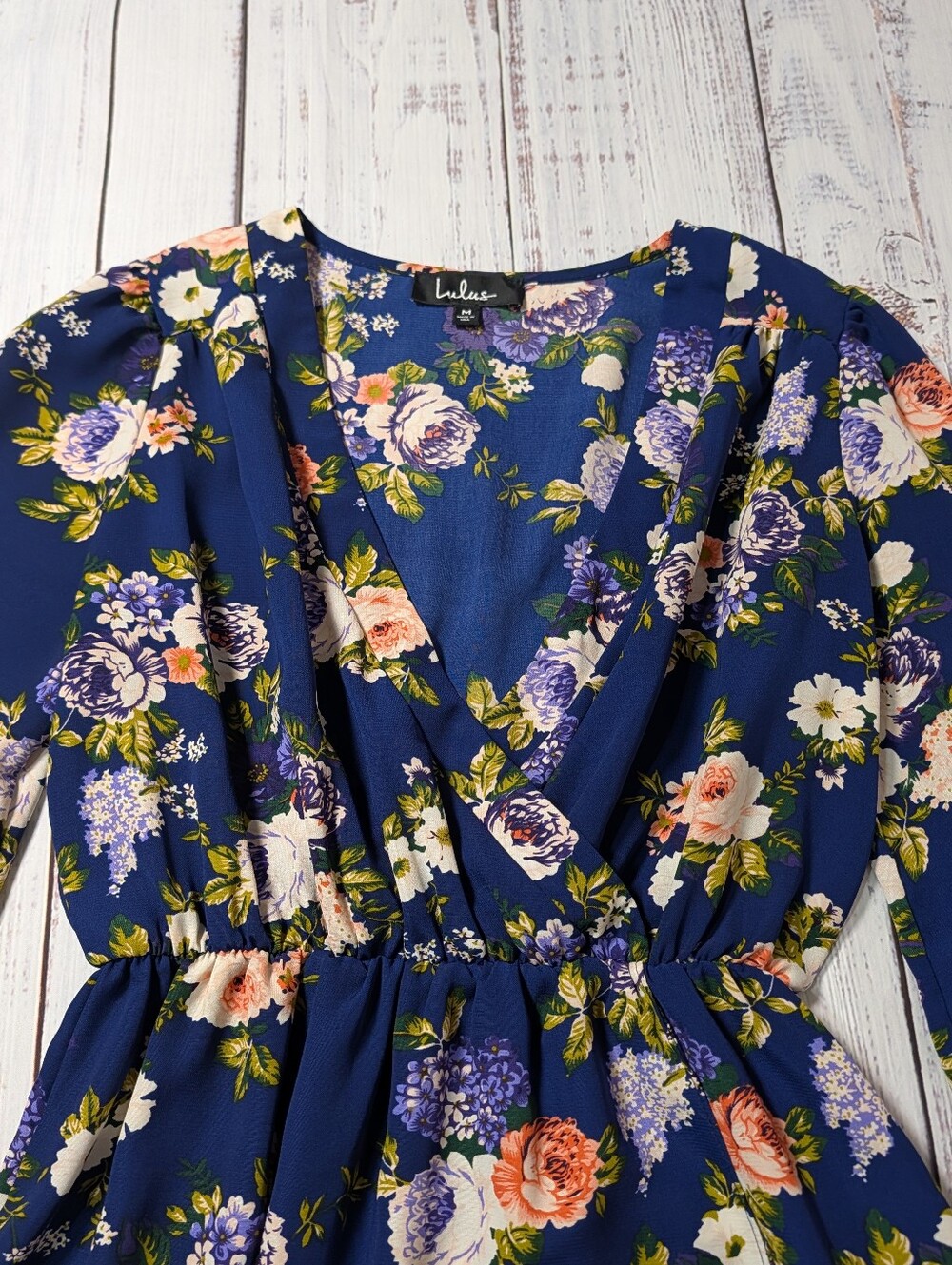 Lulus Navy Blue Floral Long Sleeve Faux Wrap Tulip Hem Mini Dress M - Picture 5 of 12